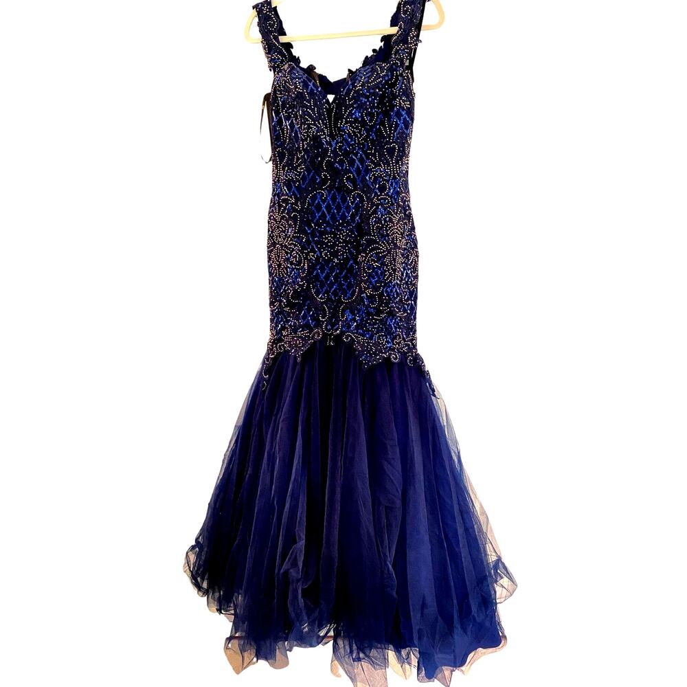 NWT Lucci Lu 28062, Off the Shoulder Navy Trumpet Tulle Gown Beaded, 8 - Picture 3 of 8